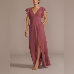 David’s Bridal Flutter Sleeve Chiffon C Neck Dress Chianti Celebrate DB Size 8